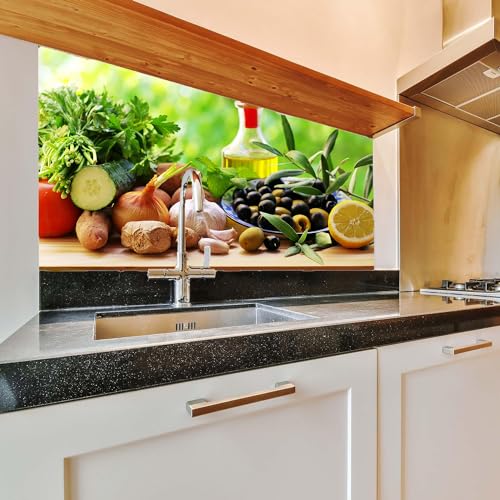 Kiwistar - Küchenrückwand - 150x50 cm - Mediterran Oliven & Gemüse - Glaslaminat Kratzfest - Aufkleber Fliesenspiegel - Küche - Fliesen - Design - Renovierung - Küchenfolie von Kiwistar