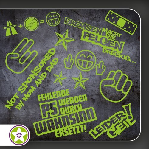 Kiwistar Sticker Bomb Set 1 grün - Bogen: A4 Bremsen…Felgen…, Shockerhand, Autobahnfreak, Fehlende PS…, Leider Geil. Auswahl Sammlung Aufkleber Scheibe Tuning Decal von Kiwistar