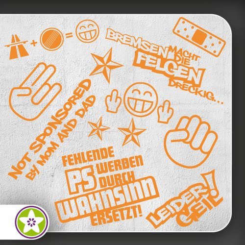 Kiwistar Sticker Bomb Set 1 orange - Bogen: A4 Bremsen…Felgen…, Shockerhand, Autobahnfreak, Fehlende PS…, Leider Geil. Auswahl Sammlung Aufkleber Scheibe Tuning Decal von Kiwistar