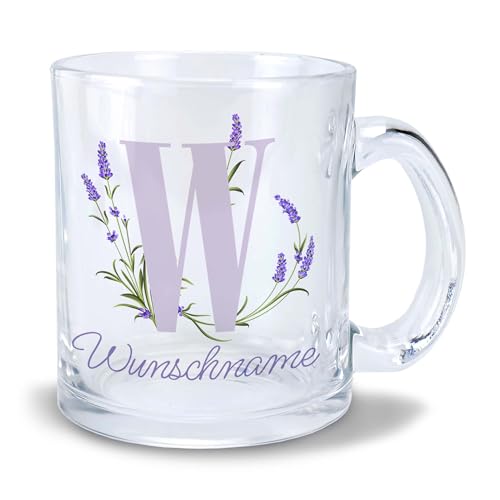 Kiwistar Tasse transparent Glas - Name Lavendel - individuell personalisiert mit Wunschtext bedruckt - Texttasse selbst gestalten - Tassen selber personalisieren - Spruch - Geschenk - Motivtasse von Kiwistar