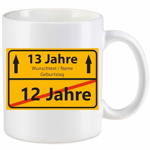 Kiwistar Tasse weiß - Keramik - 330 ml - 12 Jahre - 13 Jahre - individuell personalisiert mit Wunschtext bedruckt - Ortsschild - mit Jahr & Geburtstag - Texttasse selbst gestalten - Geschenk von Kiwistar