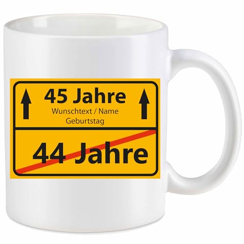 Kiwistar Tasse weiß - Keramik - 330 ml - 44 Jahre - 45 Jahre - individuell personalisiert mit Wunschtext bedruckt - Ortsschild - mit Jahr & Geburtstag - Texttasse selbst gestalten - Geschenk von Kiwistar