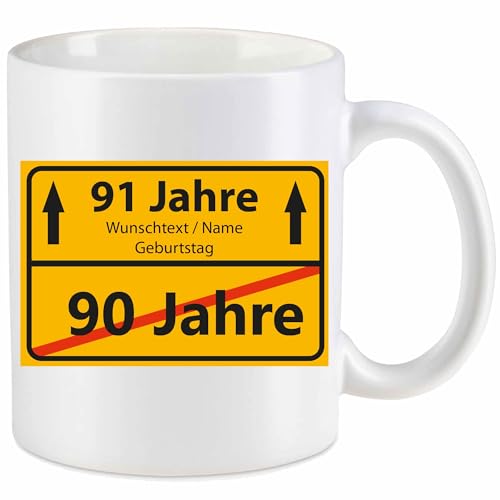 Kiwistar Tasse weiß - Keramik - 330 ml - 90 Jahre - 91 Jahre - individuell personalisiert mit Wunschtext bedruckt - Ortsschild - mit Jahr & Geburtstag - Texttasse selbst gestalten - Geschenk von Kiwistar