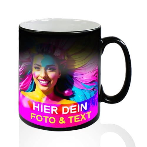 Kiwistar - Zaubertasse schwarz mit Foto und Text - individuell personalisiert mit Foto und Wunschtext - Farbwechseltasse - 325ml - Geschenk für Mann und Frau selbst gestalten von Kiwistar