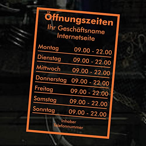 Öffnungszeiten Aufkleber - orange - mit Rahmen - Schaufensterbeschriftung für Werbung Laden Geschäft - Bistro Scheibe von Kiwistar