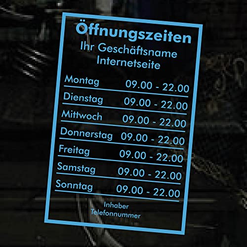 Öffnungszeiten Aufkleber - türkis - mit Rahmen - Schaufensterbeschriftung für Werbung Laden Geschäft - Bistro Scheibe von Kiwistar