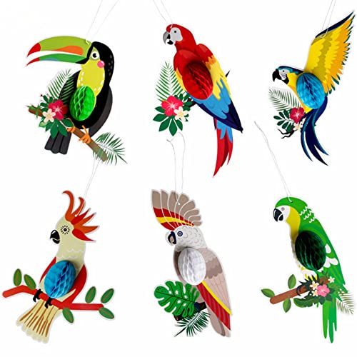 Kiwochy Tropische Vogel Dekoration 6 Stück Papageien Deko Hawaii Sommer Tropical Party Dekorationen Zubehör Party Seidenpapier Hängende Dekorationen für Outdoor Garten Hawaii Deko von Kiwochy