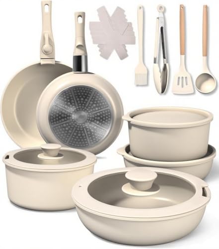 19-Teilig topfset, Kochgeschirr-Set, Antihaft keramikpfanne mit 2 Abnehmbaren Griffen/ 4 Küchenhelfer, Tiefe Bratpfanne 26cm, Topf 18/20cm, Pfanne 20/26cm, Stapelbar pfannenset für alle Herdarten von Kixolo