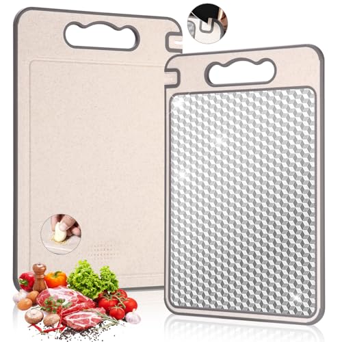 Doppelseitiges Schneidebrett, 304 Schneidebrett Edelstahl, Lebensmittelqualität Edelstahl und Weizenstroh, 4 IN 1 Chopping Board, für Fleisch und Gemüse, Kratzfestes Netzdesign - 36.5×25 cm von Kixolo