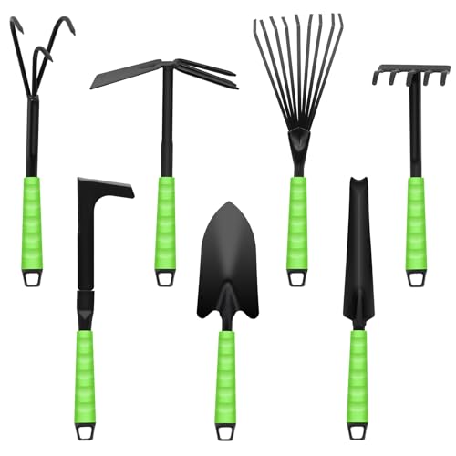 Kizaten Gartengeräte,Gartenwerkzeug-Set 7 Teiliges Enthält Gartenkelle,Zweizinkige Handhacke,Harke ohne Zähne,Grasharke,Blumenkelle und Fugenkratzer Handwerkzeuge für die Gartenarbeit von Kizaten