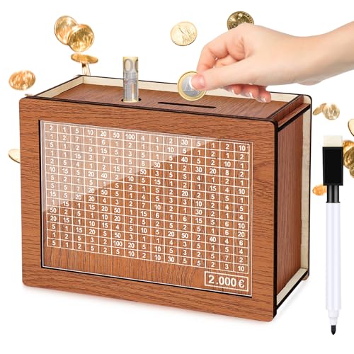 Kkluno Spardose 2000 Euro Mit Zähler - Wiederverwendbare Holz-Sparbox Mit Zahlen Ankreuzen, Geeignet für Kinder und Erwachsene von Kkluno
