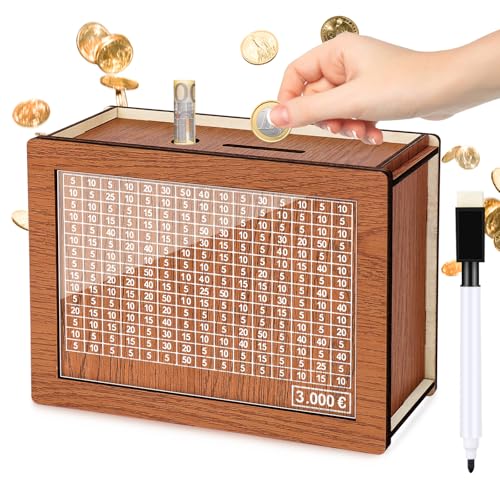 Kkluno Spardose 3000 Euro, Spardose mit Zähler, Holz Spardose, Wiederverwendbar Sparbox mit Zahlen Ankreuzen, Geeignet für Kinder und Erwachsene von Kkluno