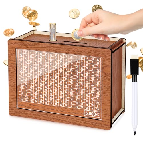 Kkluno Spardose 5000 Euro, Spardose mit Zähler, Holz Spardose, Wiederverwendbar Sparbox mit Zahlen Ankreuzen, Geeignet für Kinder und Erwachsene von Kkluno