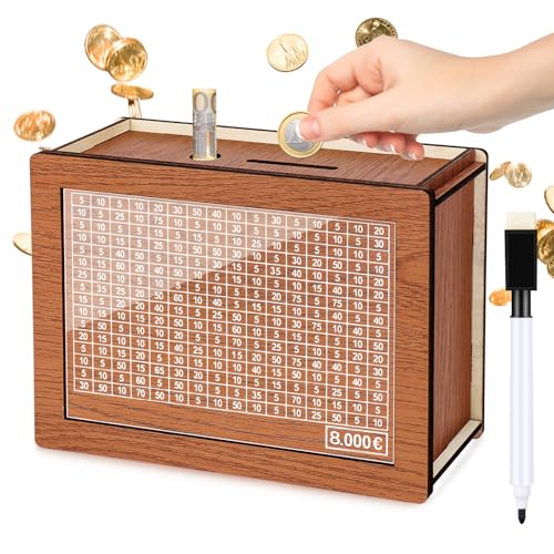 Kkluno Spardose 8000 Euro Mit Zähler - Holz Sparbox Mit Zahlen Ankreuzen, Wiederverwendbar, Geeignet für Kinder und Erwachsene von Kkluno