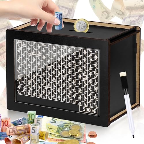 Kkluno Spardose mit Zähler, 5000 Sparbox, Holz Spardose, Wiederverwendbar Sparbox mit Zahlen Ankreuzen, Geeignet für Kinder und Erwachsene(Schwarz) von Kkluno