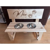 Hundestation Katzen Hundebar Fressstation Fressbar Haustier Holz Fressnapf Dog Schlabberbar Tierstation Napf Cat Futternapf Trinkstation von KlaSaKreativ