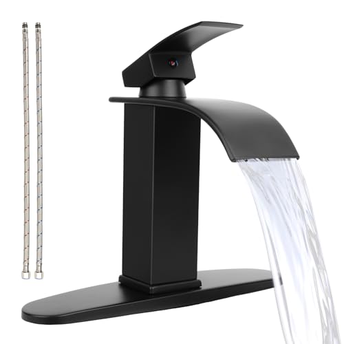 Klabb Schwarzer Wasserfall-Auslauf, Badezimmer-Wasserhahn, Einhebel-Badezimmer-Waschtischarmatur, Wohnmobil-WC-Gefäßarmaturen, Waschtischarmatur mit Deckplatte, massives Messing/Mattschwarz von Klabb