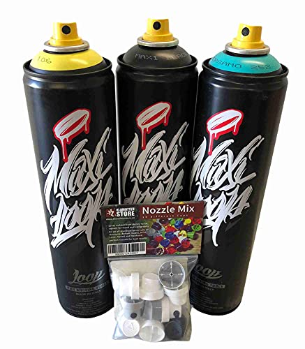 KLAMOTTEN STORE Sprühdosen Set Maxi Loop 3x600ml mit Schwarz Gelb Türkis Großes Farbspray Nitro Acryl Lack von KLAMOTTEN STORE