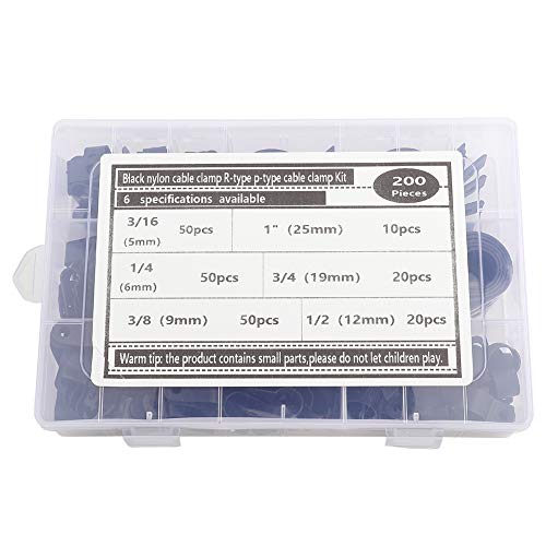 Klanata 200pcs Kunststoff -Nylon -Kabelklemme -Sortiment - R -R -Typ- und P -Typ -Draht -Clip -Befestigungselemente - 5.3R 3/16 6.4r 1/4 10.4r 3/8 13.2r 1/2 19r 3/4 23r 1 - (200 Stück - Black Nylon R von Klanata