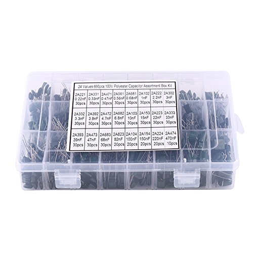Klanata 24 Werte 660pcs 100V Kondensator -Sortiment -Kit - 0,22NF -470NF Polyester Filmpapierkondensatoren mit Speicherbox für Elektronikprojekte und Reparaturen von Klanata