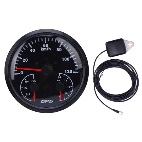 Klanata 3-in-1-GPS-Tachometermessel, 110 mm Kilometerzähler mit Spannung und Kraftstoffspiegelmesser, Drehensignale für Wohnmobile, Yachten, Lastwagen (Schwarzes Zifferblatt schwarzer Lünette CXA089B) von Klanata