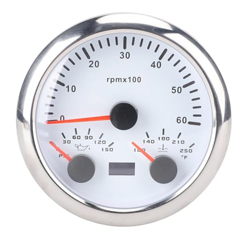 Klanata 3-in-1-Gauge-Set-3 3/8 "Tachometer 0-6000 U/min, Öldruck 0-150 psi, Wassertemperatur 100-250 ℉, 7-Farben-Hintergrundbeleuchtung für Wohnmobil, Yacht, LKW (Weißes Zifferblatt Silberlünette) von Klanata