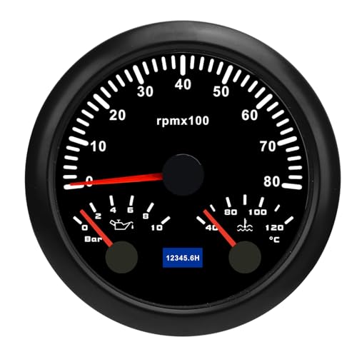 Klanata 85 mm 3-in-1-Tachometer-Messgerät, 8000 U/min, 40-120 ℃ Wassertemperatur & 0-10 bar Öldruck, 7-farbige Hintergrundbeleuchtung für Auto, LKW, Boot (Schwarzes Zifferblatt schwarzer Lünette von Klanata