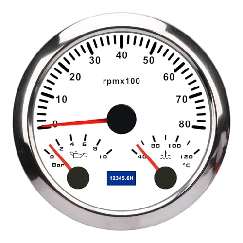Klanata 85 mm 3-in-1-Tachometer-Messgerät, 8000 U/min, 40-120 ℃ Wassertemperatur & 0-10 bar Öldruck, 7-farbige Hintergrundbeleuchtung für Auto, LKW, Boot (Weißes Zifferblatt Silberlünette CX8290) von Klanata