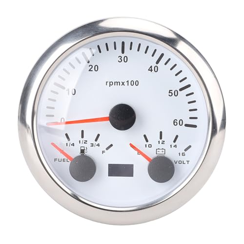 Klanata 85 mm 3-in-1-Tachometermessel-0-6000 U/min, Kraftstoffspiegel, 8-16 V Spannung-9-32 V DC, 7-Farben-Hintergrundbeleuchtung für Auto, LKW, Marineboot (White Dial Silver Bezel CX8296) von Klanata