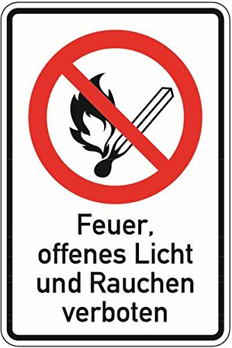 Kombischild Feuer, offenes Licht und Rauchen verboten - 200x300x0.45 mm Aluminium geprägt von Klar
