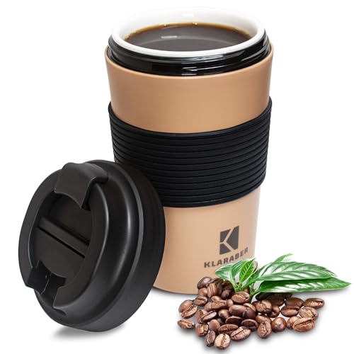 Keramische Reisebecher, wiederverwendbare Kaffeetasse mit Keramikfutter, Isolierte keramische Kaffeetasse, Lecksicher, Umweltfreundliche Reisebecher für Keramikbecher Fans (350ml, Khaki) von Klaraber