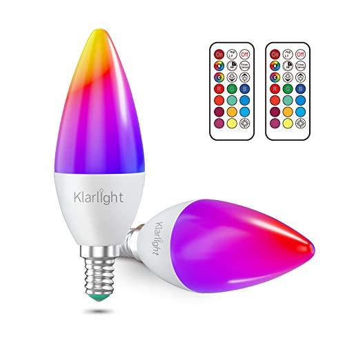 Klarlight C35 E14 Farbwechsel-LED-Glühbirnen, 3W dimmbare RGB-Kerzen-Glühbirne, E14 LED Warmweiß 3000K Schrägstrich Glühbirne, Memory-Funktion Farbwechsel-Glühbirnen mit Fernbedienung, 2er-Pack von Klarlight