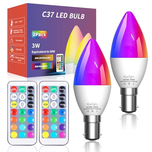 Klarlight LED Leuchtmittel Farbwechsel B15, C37 LED-Farbwechsel von Kerzenlampen 3W RGB LED Glühbirne mit Fernbedienung, Dimmbar RGB Warmweiß Kaltweiß von Klarlight