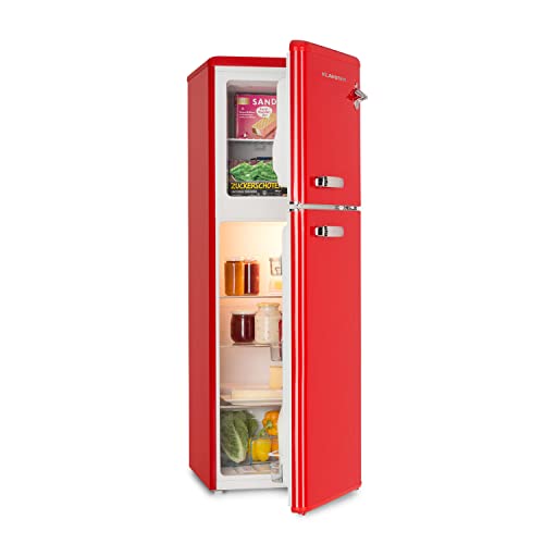 Klarstein Audrey Retro – Retro-Kühl-/Gefrierkombination, Kühl-/Gefrierkombination, Kühlschrank, stufenlos einstellbare Kühlleistung, Innenbeleuchtung, 41 dB Betriebsgeräusch, Rot von Klarstein