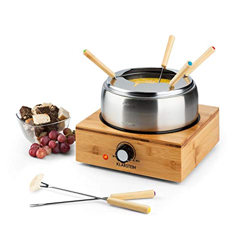 Klarstein Bambus Fondue, 800 Watt, Edelstahl-Topf, Gerätebasis aus Bambus, Füllmenge 1,3 Liter max., Heizplatte aus Edelstahl, Thermostat, Gabelhalter-Aufsatz, 6 Edelstahl-Fonduegabeln, Bambus von Klarstein