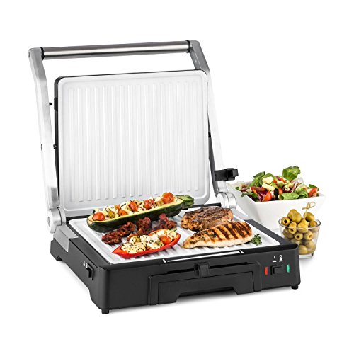 Klarstein Burgermeister - Kontaktgrill, Paninimaker, Tischgrill, 3-in-1, 2000W, 5 Arretierungsstufen, stufenlos regelbar, Antihaftbeschichtung, Fettauffangbehälter, Gummifüße, schwarz-weiß von Klarstein