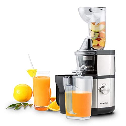 Klarstein Fruitberry, Entsafter, vertikale Saftpresse, extrem feine Edelstahl-Mikrosieb, Slow Juicer, 400 W, Umdrehungszahl 60 Um/Min, BPA-frei, inkl. zwei Behälter, 8,5cm Einfüllrohr, leise, silber von Klarstein