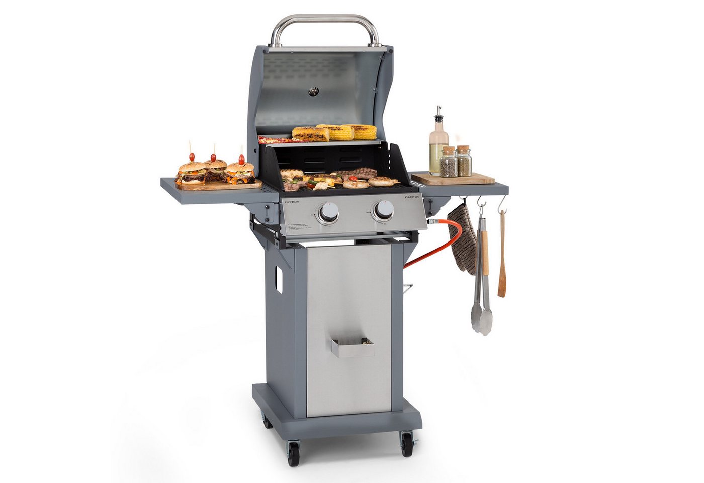 Klarstein Gasgrill Lucifer, Kombi-Set, Set, Gas Grill Smoker BBQ Edelstahl 2 Brenner Garten Mobil von Klarstein