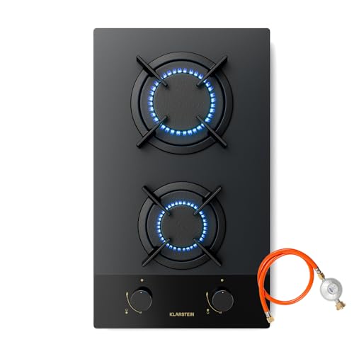 Klarstein Goldflame Nano Gaskochfeld, 2 Brenner, 30 cm, Messingbrenner und Gusseisenhalter, 4.200 W, Nanobeschichtetes Glas, Flammenschutz und Automatische Zündung, LPG/Erdgas-Umrüstsatz Inkl. von Klarstein