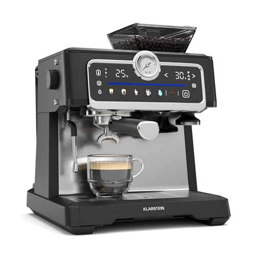 Klarstein GrandPresso Touch Siebträgermaschine Mit Mahlwerk – 20-Bar, 1350 W, Integriertes Präzisionsmahlwerk, Touchscreen, 2,3 L Wassertank, Dampfdüse, Edelstahl, Schwarz von Klarstein