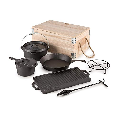 Klarstein Hotrod Masterplan - Dutch Oven Set , BBQ-Topf , Komplett Set , 7-teilig , zum Kochen, Braten & Backen , Stiltopf , Gusseisentopf , Pfanne , gerippte Bratplatte , Topfständer , schwarz von Klarstein