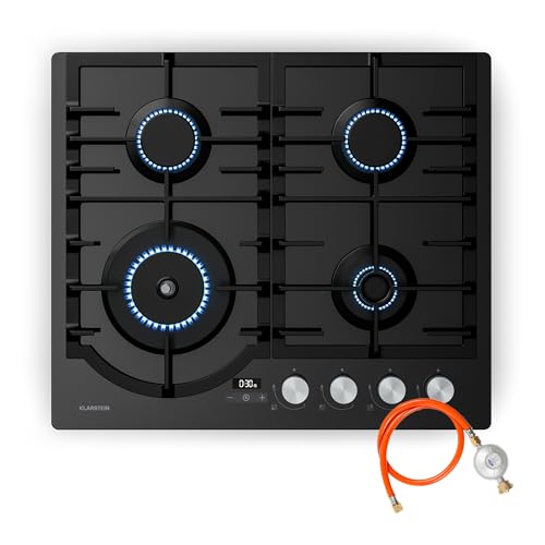 Klarstein Ignito Gaskochfeld, 4-Brenner Aluminium, 8000W, Timer & Temperaturregelung, Flammenausfallschutz, Gusseisen-Topfhalter, Gasherd für Erdgas & Flüssiggas, 60x51cm, Schwarz von Klarstein