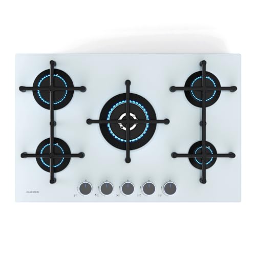Klarstein Illuminosa 5 Gaskochfeld, 5 Sabaf-Brenner, 4 kW Wokbrenner, Gehärtetes Glas, Elektrische Zündung, Flammenausfallschutz, Topfhalter aus Gusseisen, 76 cm breit, Verbesserte Kochleistung von Klarstein