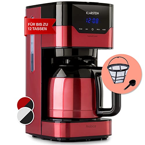 Klarstein 1,2 L Kaffeemaschine mit Timer, Filtermaschine für 12 Tassen, 800 W Filter Groß, Filterkaffeemaschine mit Edelstahl-Thermoskanne für Kaffee, Rot/Schwarz von Klarstein