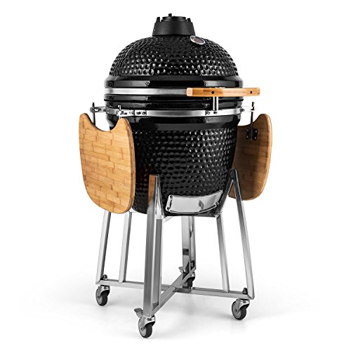 Klarstein Kamado-Grill - zum Grillen, langsamen Garen, Smoken oder Backen, abnehmbare Seitenteile, Keramik, Edelstahl, Bambus, Thermometer von 0-450 °C, 3 Rollen, 75 x 132 x 125 cm, schwarz von Klarstein