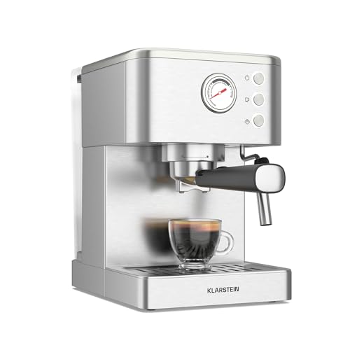 Klarstein SteelPresso Siebträgermaschine – 20-Bar, 1350 W, Edelstahl, Dampf-Funktion, 1,5-L-Wassertank, Kompaktes Design, Mechanische Steuerung, Warmhalteplatte von Klarstein