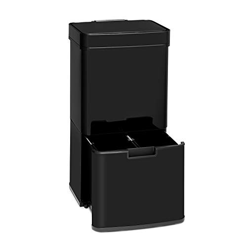 Klarstein Royal Trash Sensor-Mülleimer, 72 L Volumen in 4 Behältern, Restmüll & Recycling-Abfälle: 43 & 2 x 12,5 L, Bio-Eimer mit Deckel: 4 L, automatisches Öffnen und Schließen, Glänzend schwarz von Klarstein