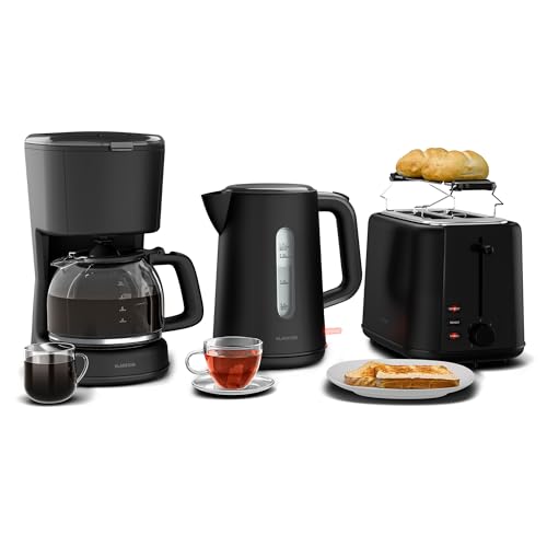Klarstein Velaire Vollständiges Frühstücksset – Toaster 2 Scheiben mit Brötchenaufsatz, Wasserkocher 1,7L, Filterkaffeemaschine 10 Tassen, 7 Bräunungsstufen, Warmhaltefunktion, Glas-Kanne von Klarstein