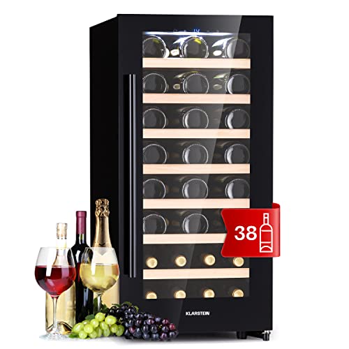 Klarstein Weinkühlschrank Freistehend, Kleiner Getränkekühlschrank Schmal, 1 Zone Weinkühlschrank mit Glastür, Indoor/Outdoor Beersafe, Kühlschrank Klein mit UV-Schutz, 5-18°C, 38 Flaschen von Klarstein