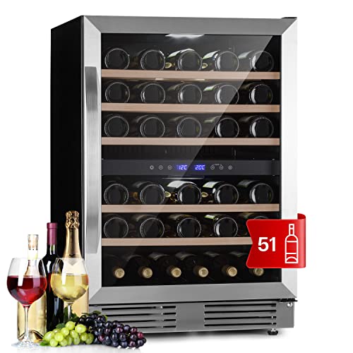 Klarstein Weinkühlschrank Freistehend, Kleiner Getränkekühlschrank Schmal, 2 Zonen Weinkühlschrank mit Glastür Klein, Indoor/Outdoor Beersafe, Kühlschrank Klein mit Touchpad, 5-20°C, 51 Flaschen von Klarstein